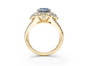 Halo Engagement Ring Setting for Fancy Blue Princess Cut Center with Two-Strand Split Shank and Prong Head in Yellow Gold