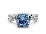 Solitaire Engagement Ring Setting for Fancy Blue Cushion Cut Center with Narrow Twist Pave Band and Prong Head in White Gold
