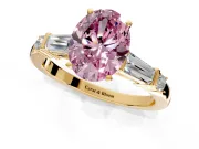 Bar-Set Engagement Ring Setting for Fancy Pink Oval Center with Tapered Baguette Accents and Prong Head in Yellow Gold