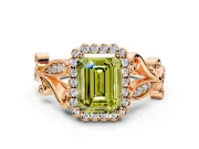 Halo Engagement Ring Setting for Fancy Yellow Emerald Cut Center with Leaf Motif Split Shank and Prong Head in Rose Gold