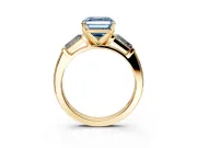 3 Stone Engagement Ring Setting for Fancy Blue Asscher Cut Center with Tapered Baguettes, Plain Band and Prong Head in Yellow Gold