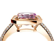Milgrain Halo Engagement Ring Setting for Fancy Pink Asscher Cut Center with Three-Sided Pave Band and Prong Head in Rose Gold