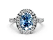 Halo Engagement Ring Setting for Fancy Blue Oval Center with Milgrain Halo, Pave Band and Prong Head in Sterling Silver