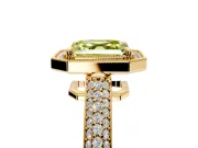 Milgrain Halo Engagement Ring Setting for Fancy Yellow Asscher Cut Center with Three-Sided Pave Band and Prong Head in Yellow Gold