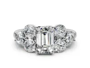 Cluster Engagement Ring Setting for Emerald Cut Center with Round Cut Accent Frame and Prong Head in White Gold
