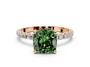 Solitaire Engagement Ring Setting for Fancy Green Cushion Cut Center with Micro Pave Band and Prong Head in Rose Gold