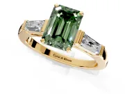 3 Stone Engagement Ring Setting for Fancy Green Emerald Cut Center with Tapered Baguettes, Plain Band and Prong Head in Yellow Gold