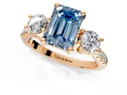 3 Stone Engagement Ring Setting for Fancy Blue Emerald Cut Center with Crossover Basket, Pave Band and Prong Head in Rose Gold