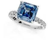 Solitaire Engagement Ring Setting for Fancy Blue Asscher Cut Center with Shared-Prong Accents and Prong Head in Platinum