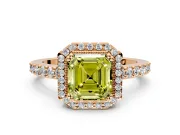 Halo Engagement Ring Setting for Fancy Yellow Asscher Cut Center with Inner Milgrain Border and Prong Head in Rose Gold