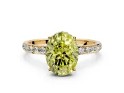 Hidden Halo Engagement Ring Setting for Fancy Yellow Oval Center with Pave Band and Prong Head in Yellow Gold