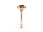 Halo Engagement Ring Setting for Fancy Green Round Cut Center with Milgrain Frame, Pave Band and Prong Head in Rose Gold