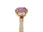 Solitaire Engagement Ring Setting for Fancy Pink Cushion Cut Center with Fine Pave Band and Prong Head in Yellow Gold