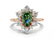 Small-Accent Cluster Halo Engagement Ring Setting for Fancy Green Pear-Shaped Center with Plain Band and Prong Head in Rose Gold