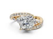 Solitaire Engagement Ring Setting for Princess Cut Center with Pave Bypass Twist Band and Prong Head in Yellow Gold