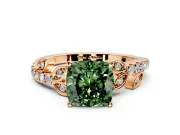 Leaf Motif Engagement Ring Setting for Fancy Green Cushion Cut Center with Pave Band and Prong Head in Rose Gold