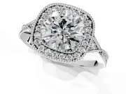 Halo Engagement Ring Setting for Round Cut Center with Milgrain Rim, Pave Band and Prong Head in Platinum