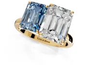 Fancy Blue Emerald Cut and Emerald Cut Lab-Grown Diamond Toi et Moi Engagement Ring with Prong-Set Stones in Yellow Gold