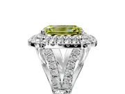 Double Halo Engagement Ring Setting for Fancy Yellow Emerald Cut Center with Narrow Pave Split Shank and Prong Head in Platinum