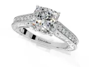 Solitaire Engagement Ring Setting for Cushion Cut Center with Engraved Pave Band and Prong Head in White Gold