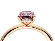 Hidden Halo Engagement Ring Setting for Fancy Pink Emerald Cut Center with Thin Rounded Band and Prong Head in Rose Gold