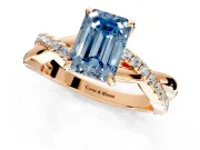 Crossover Engagement Ring Setting for Fancy Blue Emerald Cut Center with Pave and Plain Strands and Prong Head in Rose Gold