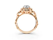 Halo Engagement Ring Setting for Oval Center with Open Scroll Shoulders and Prong Head in Rose Gold