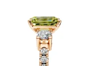 3 Stone Engagement Ring Setting for Fancy Yellow Emerald Cut Center with Round Cut Side Accents and Prong Head in Rose Gold