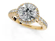 Halo Engagement Ring Setting for Round Cut Center with Full Pave Band and Prong Head in Yellow Gold