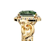 Halo Engagement Ring Setting for Fancy Green Radiant Cut Center with Open Scroll Shoulders and Prong Head in Yellow Gold
