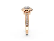 Halo Engagement Ring Setting for Cushion Cut Center with Outer Bezel Rim, Pave Band and Prong Head in Rose Gold