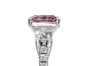 3 Stone Engagement Ring Setting for Fancy Pink Emerald Cut Center with Crossover Basket, Pave Band and Prong Head in Sterling Silver