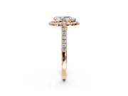 Halo Engagement Ring Setting for Pear-Shaped Center with Narrowing Pave Band and Prong Head in Rose Gold