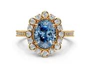 Milgrain Halo Engagement Ring Setting for Fancy Blue Oval Center with Bezel Point Accents and Prong Head in Yellow Gold