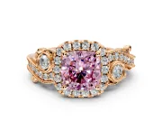 Milgrain Halo Engagement Ring Setting for Fancy Pink Cushion Cut Center with Shoulder Bezels and Prong Head in Rose Gold