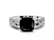 Leaf Engagement Ring Setting for Fancy Black Cushion Cut Center with Milgrain Accent Band and Prong Head in Platinum