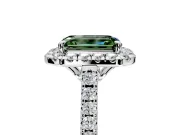 Halo Engagement Ring Setting for Fancy Green Emerald Cut Center with Raised Halo, Pave Band and Prong Head in Platinum