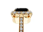 Floral Halo Engagement Ring Setting for Fancy Black Emerald Cut Center with Large Halo Accents and Prong Head in Yellow Gold