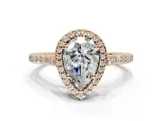 Halo Engagement Ring Setting for Pear-Shaped Center with Pave Accents, Heart Basket and Prong Head in Rose Gold