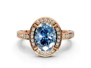 Halo Engagement Ring Setting for Fancy Blue Oval Center with Framed Halo, Pave Band and Prong Head in Rose Gold