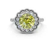 Milgrain Floral Halo Engagement Ring Setting for Fancy Yellow Round Cut Center with Pave Band and Prong Head in White Gold