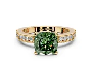 Solitaire Engagement Ring Setting for Fancy Green Cushion Cut Center with Milgrain-Edged Pave Band and Prong Head in Yellow Gold