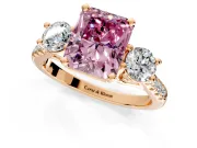 3 Stone Engagement Ring Setting for Fancy Pink Radiant Cut Center with Crossover Basket, Pave Band and Prong Head in Rose Gold