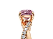 Solitaire Engagement Ring Setting for Fancy Pink Cushion Cut Center with Half-Pave Crossover Band and Prong Head in Rose Gold
