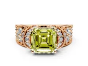 Pave Engagement Ring Setting for Fancy Yellow Asscher Cut Center with Curved Accent Rows, Openwork and Prong Head in Rose Gold
