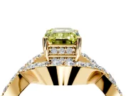 Halo Engagement Ring Setting for Fancy Yellow Emerald Cut Center with Pave Infinity Twist Band and Prong Head in Yellow Gold