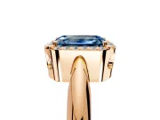 Halo Engagement Ring Setting for Fancy Blue Emerald Cut Center with Tapered Plain Band and Prong Head in Rose Gold