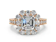 Halo Engagement Ring Setting for Asscher Cut Center with Milgrain Channel Band and Prong Head in Rose Gold