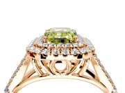 Double Halo Engagement Ring Setting for Fancy Yellow Emerald Cut Center with Narrow Pave Split Shank and Prong Head in Rose Gold