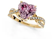 Solitaire Engagement Ring Setting for Fancy Pink Heart-Shaped Center with Narrow Twist Pave Band and Prong Head in Yellow Gold